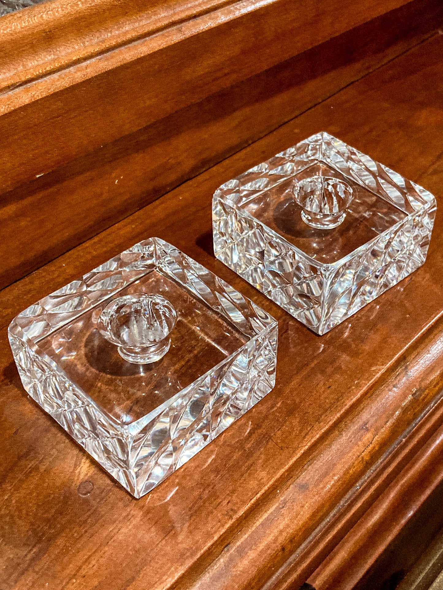 Vintage Orrefors Sweden Sven Palmqvist Square Clear Crystal Low Profile Candlesticks