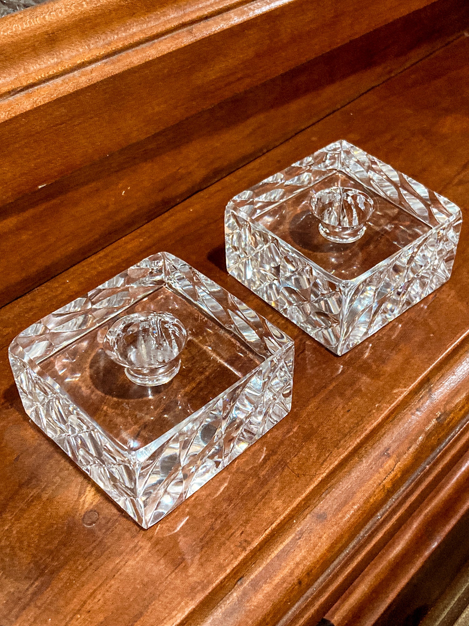 Vintage Orrefors Sweden Sven Palmqvist Square Clear Crystal Low Profile Candlesticks
