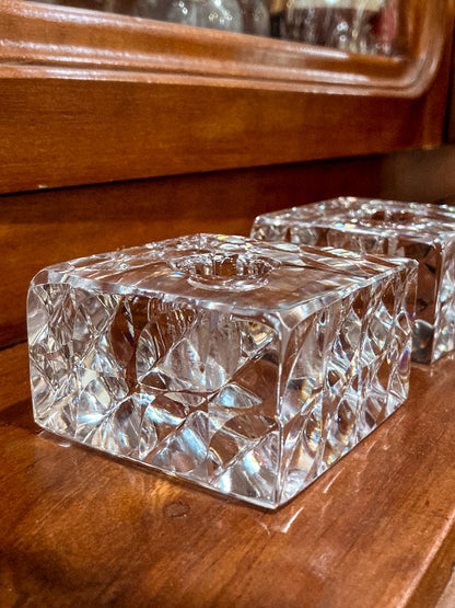 Vintage Orrefors Sweden Sven Palmqvist Square Clear Crystal Low Profile Candlesticks