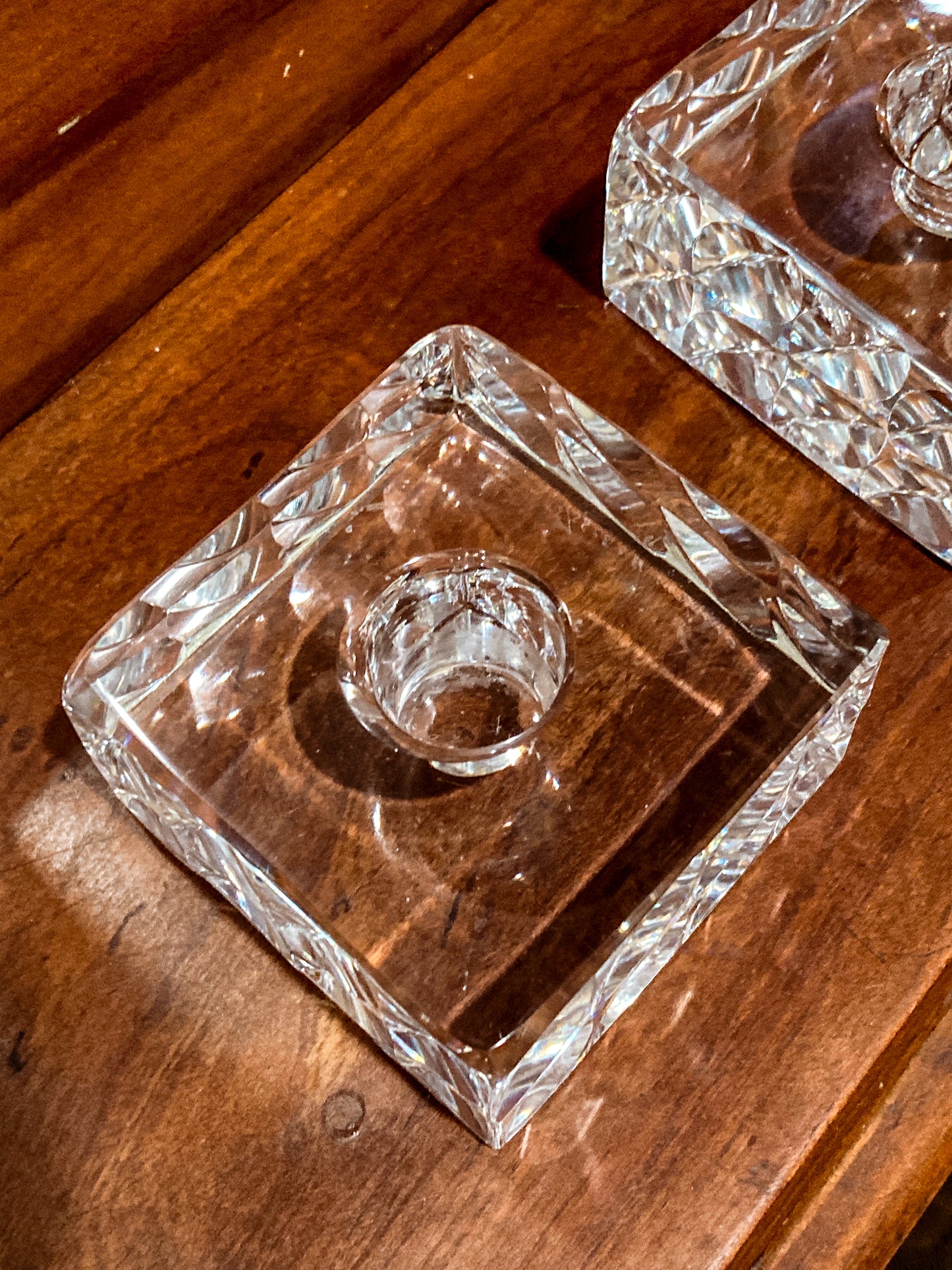 Vintage Orrefors Sweden Sven Palmqvist Square Clear Crystal Low Profile Candlesticks