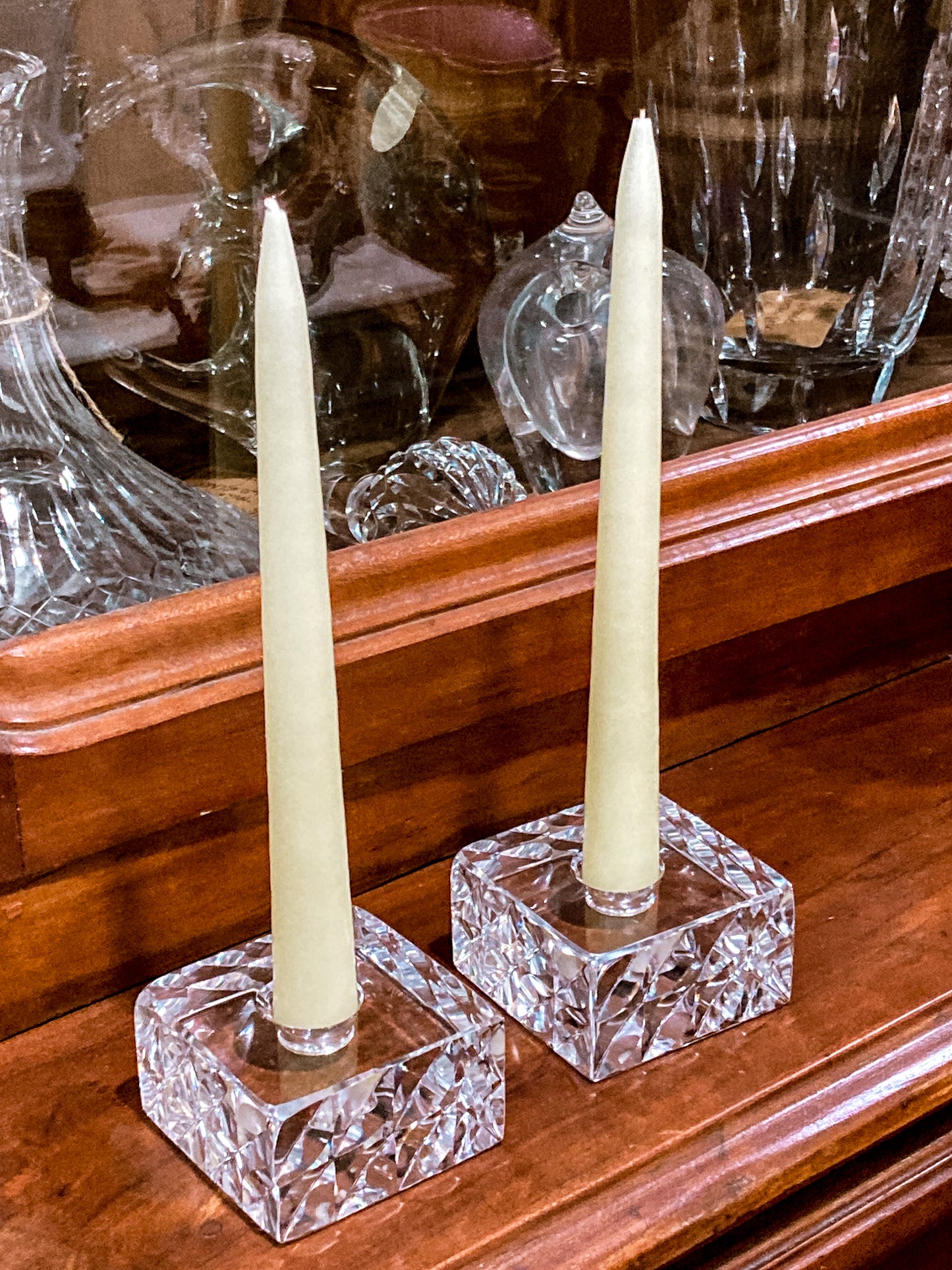 Vintage Orrefors Sweden Sven Palmqvist Square Clear Crystal Low Profile Candlesticks