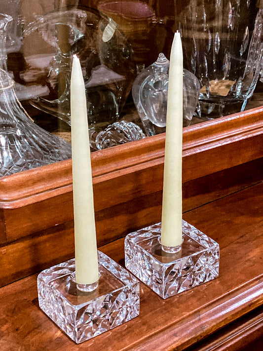 Vintage Orrefors Sweden Sven Palmqvist Square Clear Crystal Low Profile Candlesticks