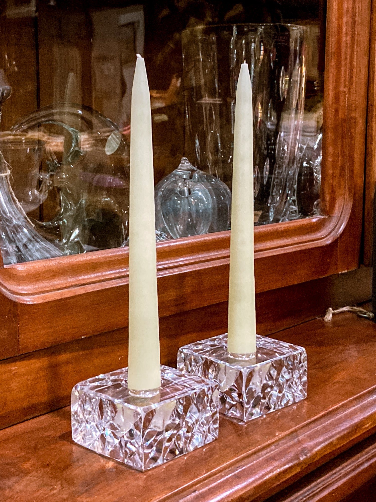 Vintage Orrefors Sweden Sven Palmqvist Square Clear Crystal Low Profile Candlesticks