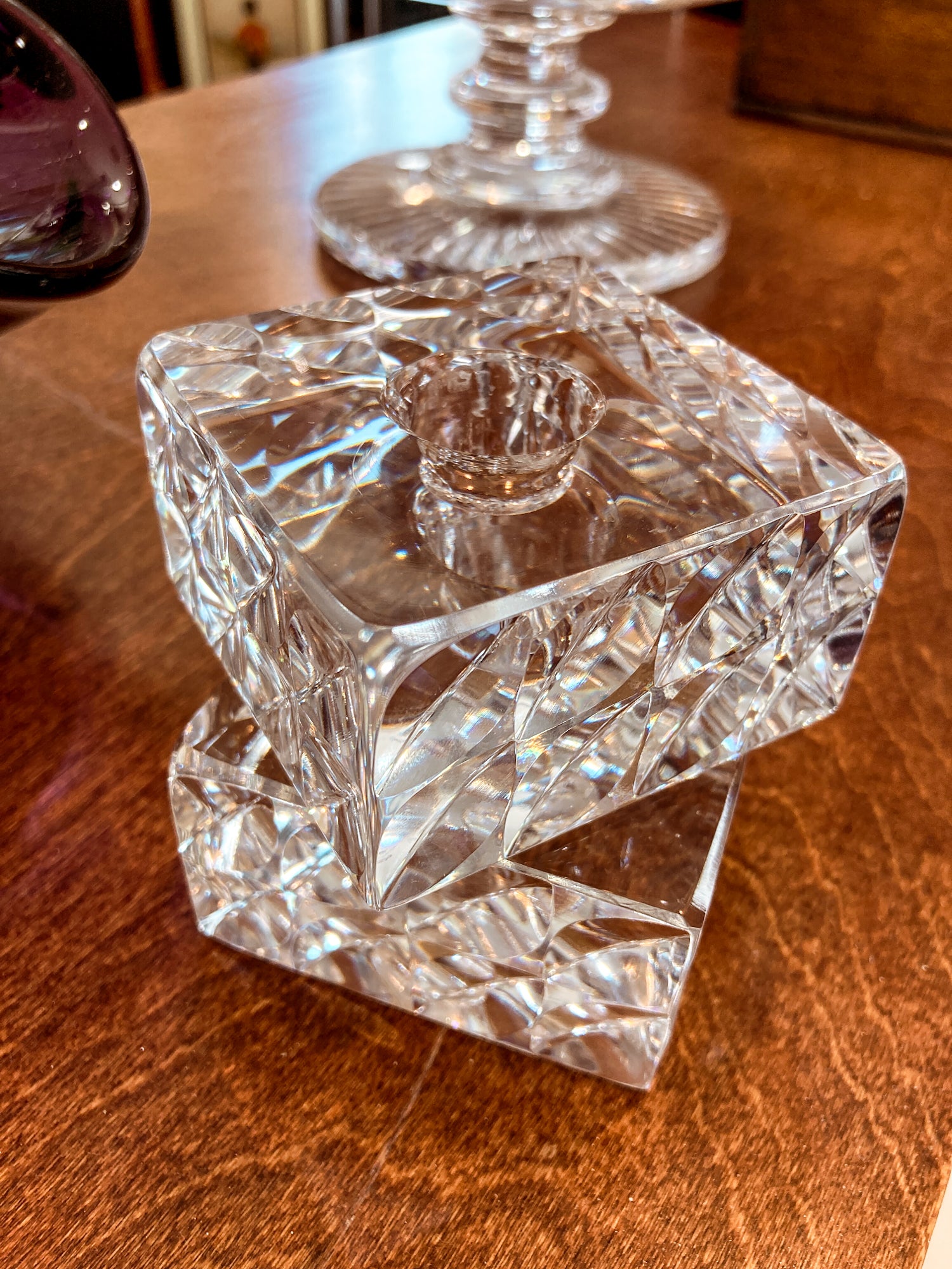 Vintage Orrefors Sweden Sven Palmqvist Square Clear Crystal Low Profile Candlesticks