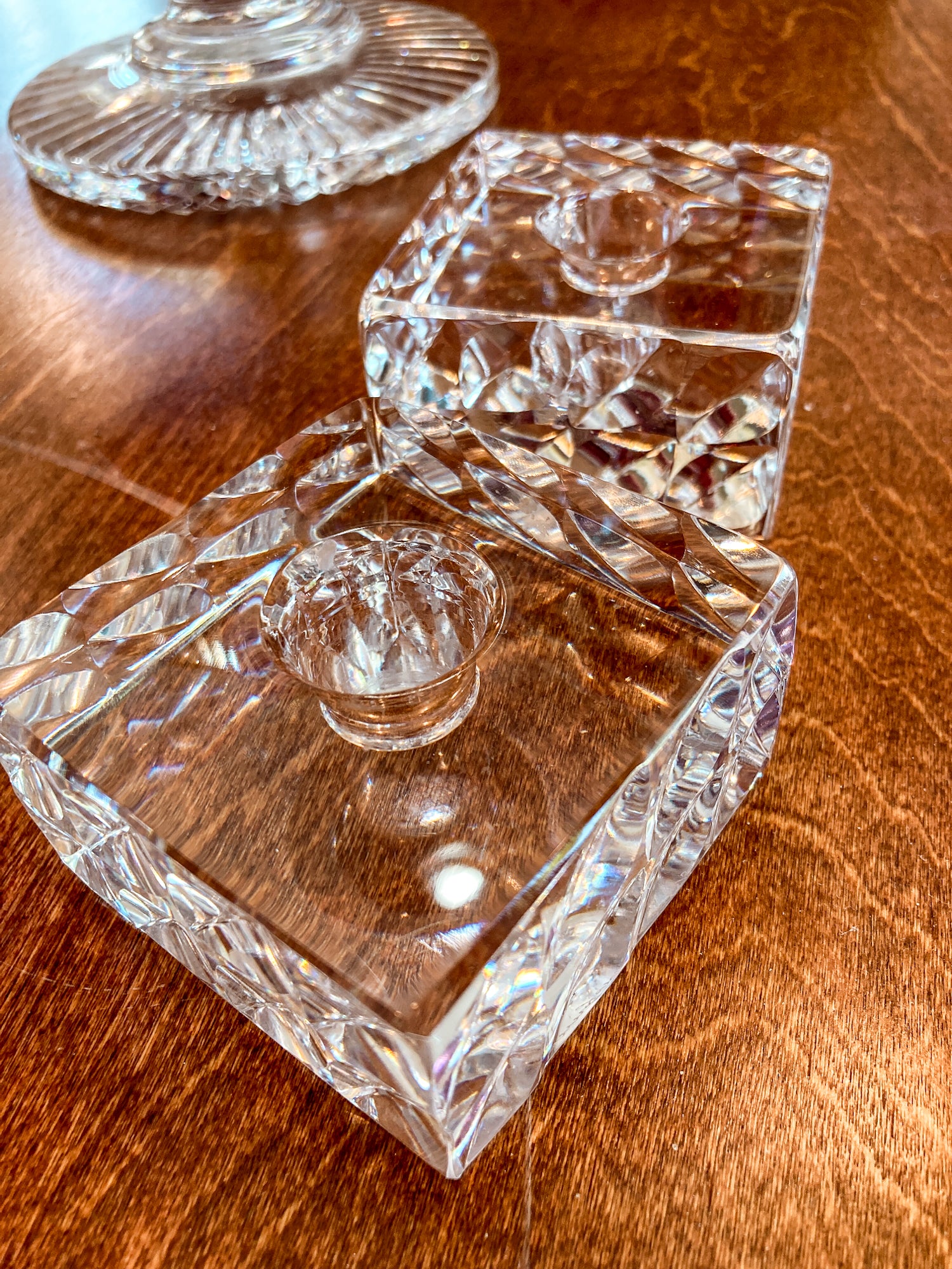 Vintage Orrefors Sweden Sven Palmqvist Square Clear Crystal Low Profile Candlesticks
