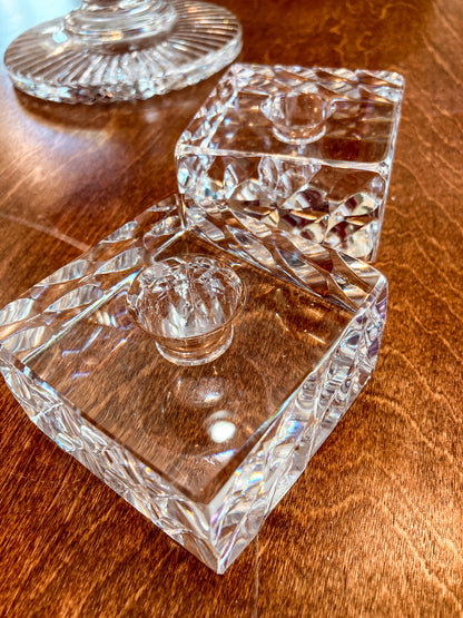 Vintage Orrefors Sweden Sven Palmqvist Square Clear Crystal Low Profile Candlesticks