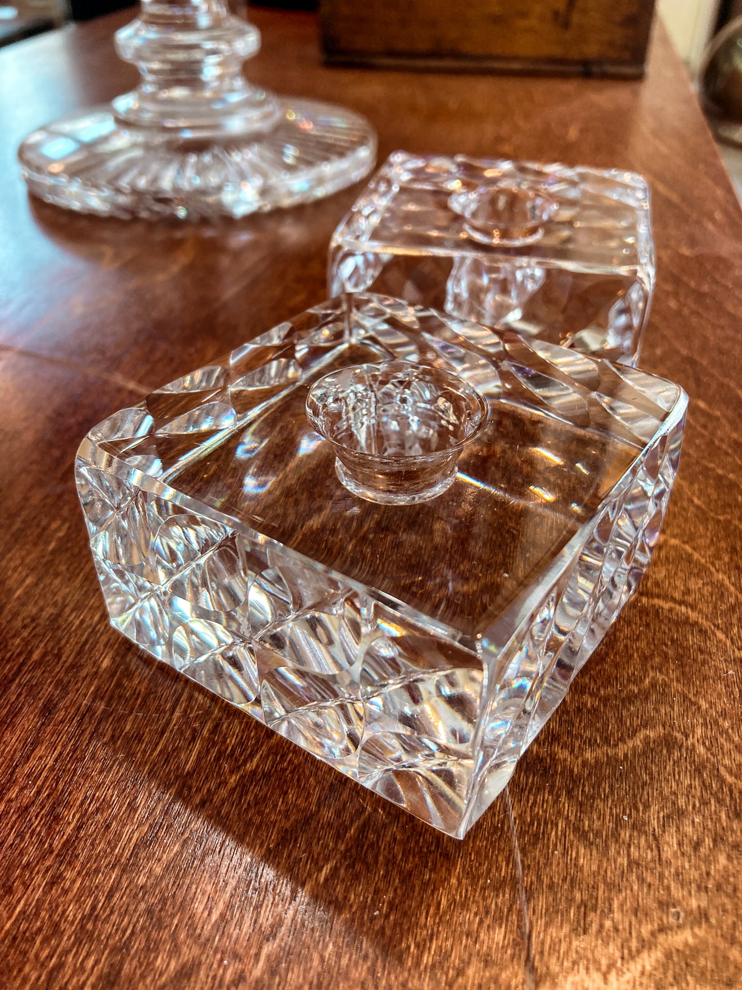 Vintage Orrefors Sweden Sven Palmqvist Square Clear Crystal Low Profile Candlesticks