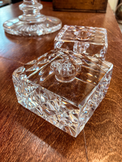 Vintage Orrefors Sweden Sven Palmqvist Square Clear Crystal Low Profile Candlesticks