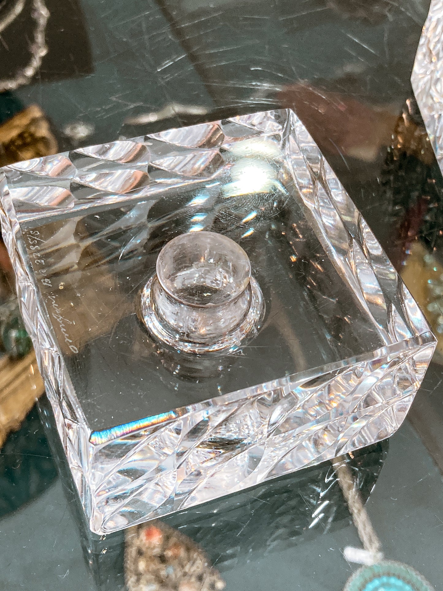 Vintage Orrefors Sweden Sven Palmqvist Square Clear Crystal Low Profile Candlesticks