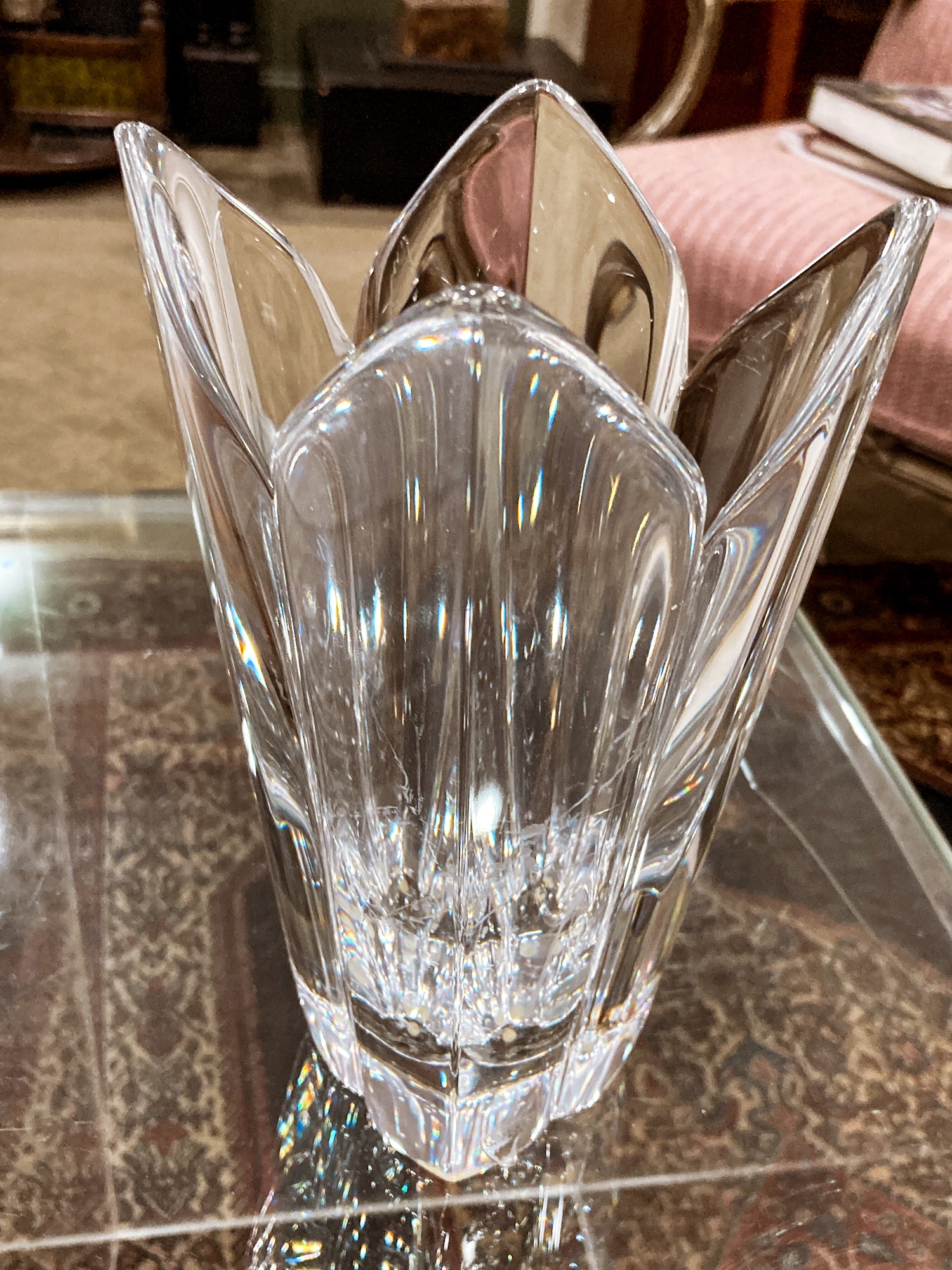 Vintage Orrefors Sweden Lotus Four Petal Tulip Clear Crystal Vase