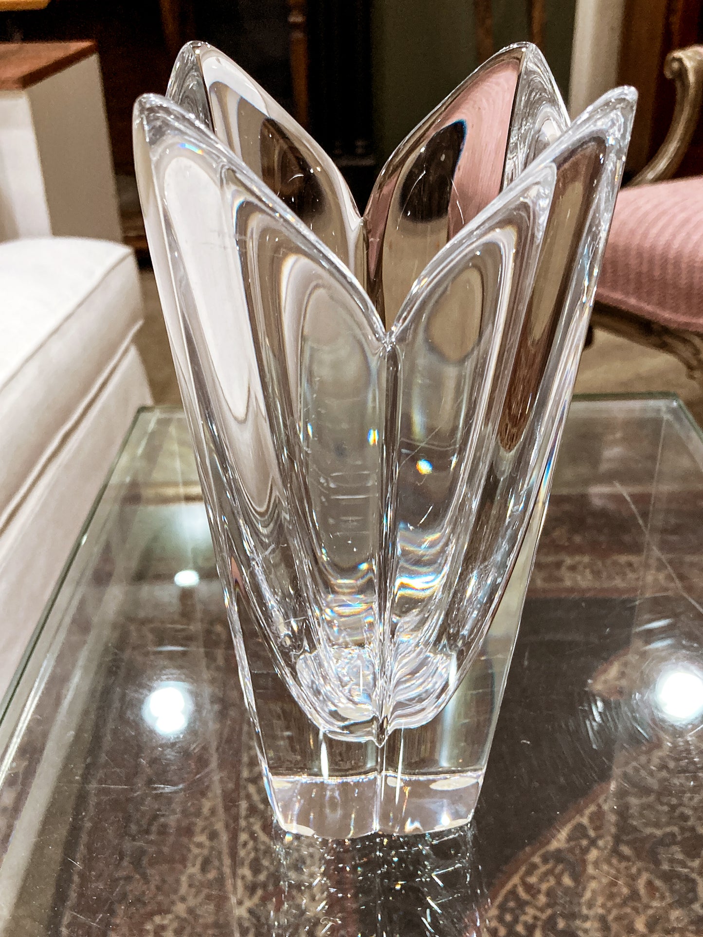 Vintage Orrefors Sweden Lotus Four Petal Tulip Clear Crystal Vase