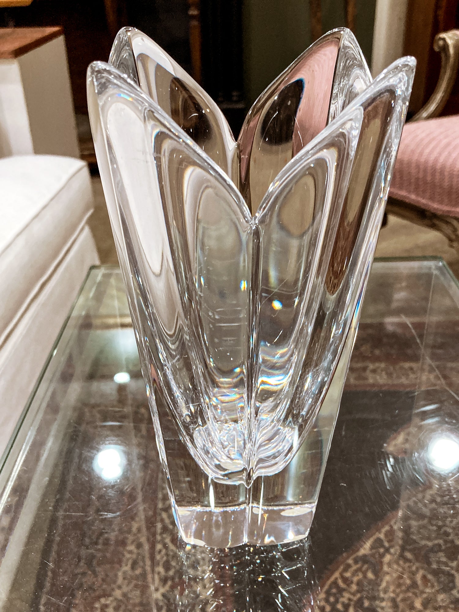 Vintage Orrefors Sweden Lotus Four Petal Tulip Clear Crystal Vase