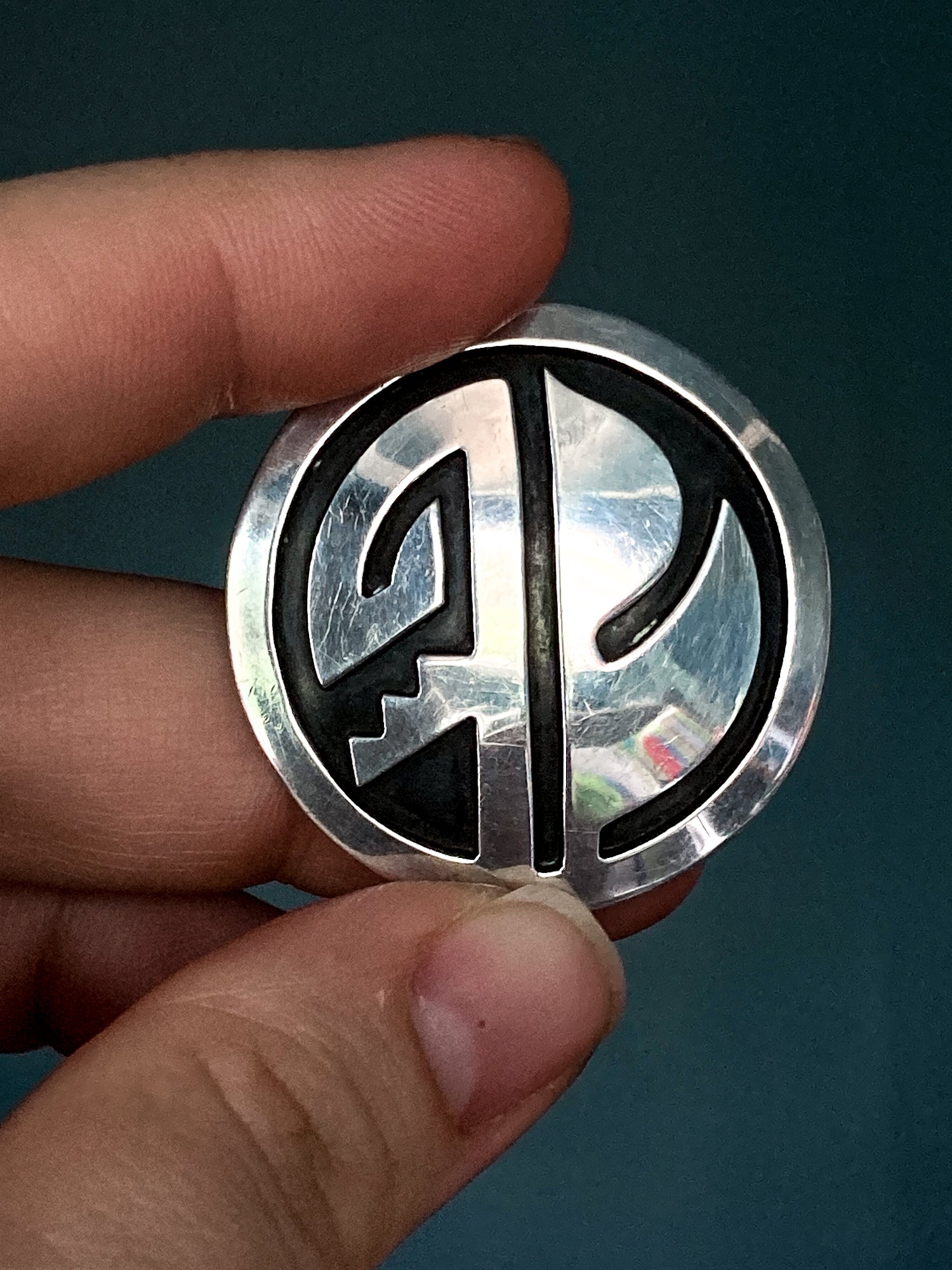 Vintage Oxidized Sterling Silver Hopi Design Circle Pendant Brooch Pin