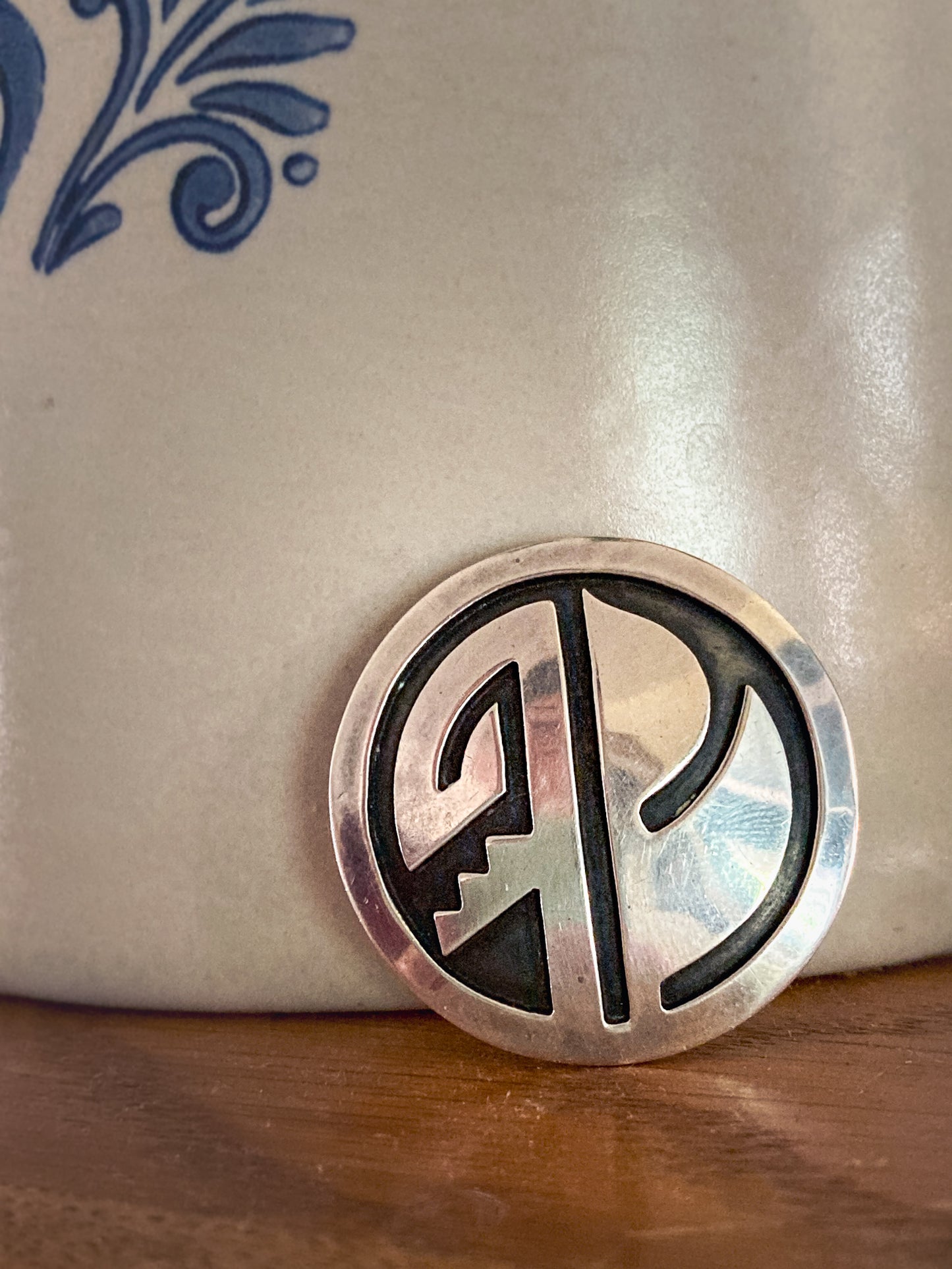 Vintage Oxidized Sterling Silver Hopi Design Circle Pendant Brooch Pin