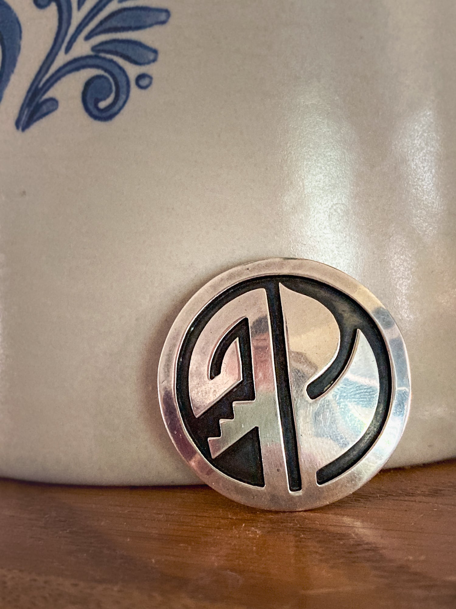 Vintage Oxidized Sterling Silver Hopi Design Circle Pendant Brooch Pin