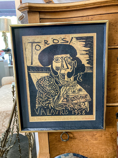 Vintage Pablo Picasso 1958 Toros Vallauris Framed Linocut Paper Print