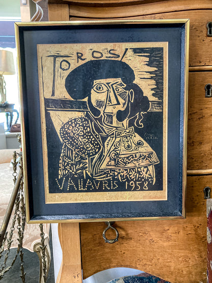 Vintage Pablo Picasso 1958 Toros Vallauris Framed Linocut Paper Print