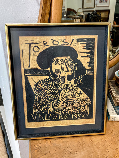 Vintage Pablo Picasso 1958 Toros Vallauris Framed Linocut Paper Print
