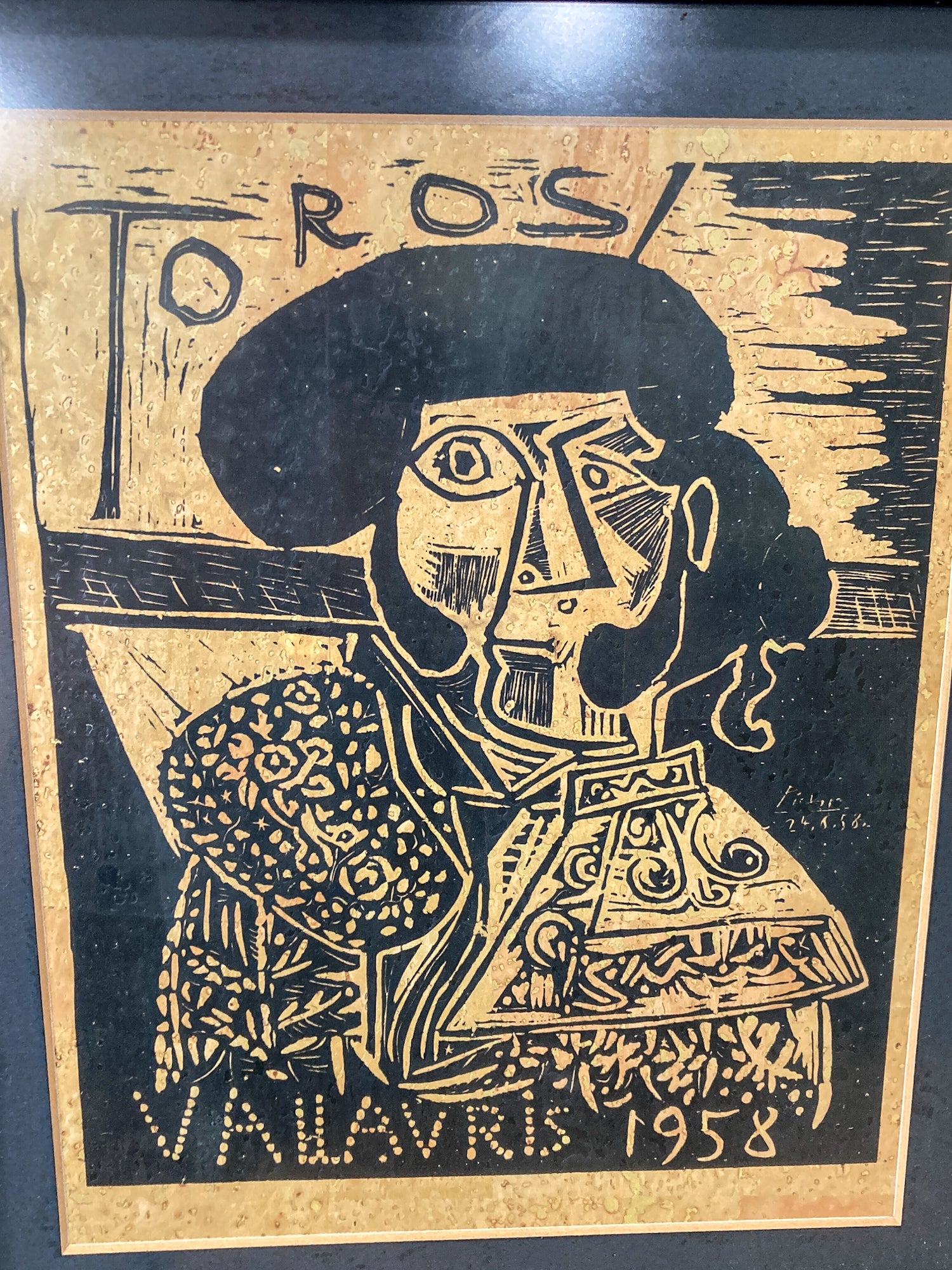 Vintage Pablo Picasso 1958 Toros Vallauris Framed Linocut Paper Print