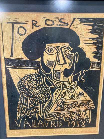 Vintage Pablo Picasso 1958 Toros Vallauris Framed Linocut Paper Print