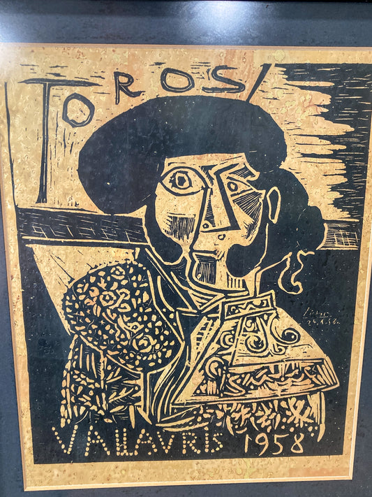 Vintage Pablo Picasso 1958 Toros Vallauris Framed Linocut Paper Print