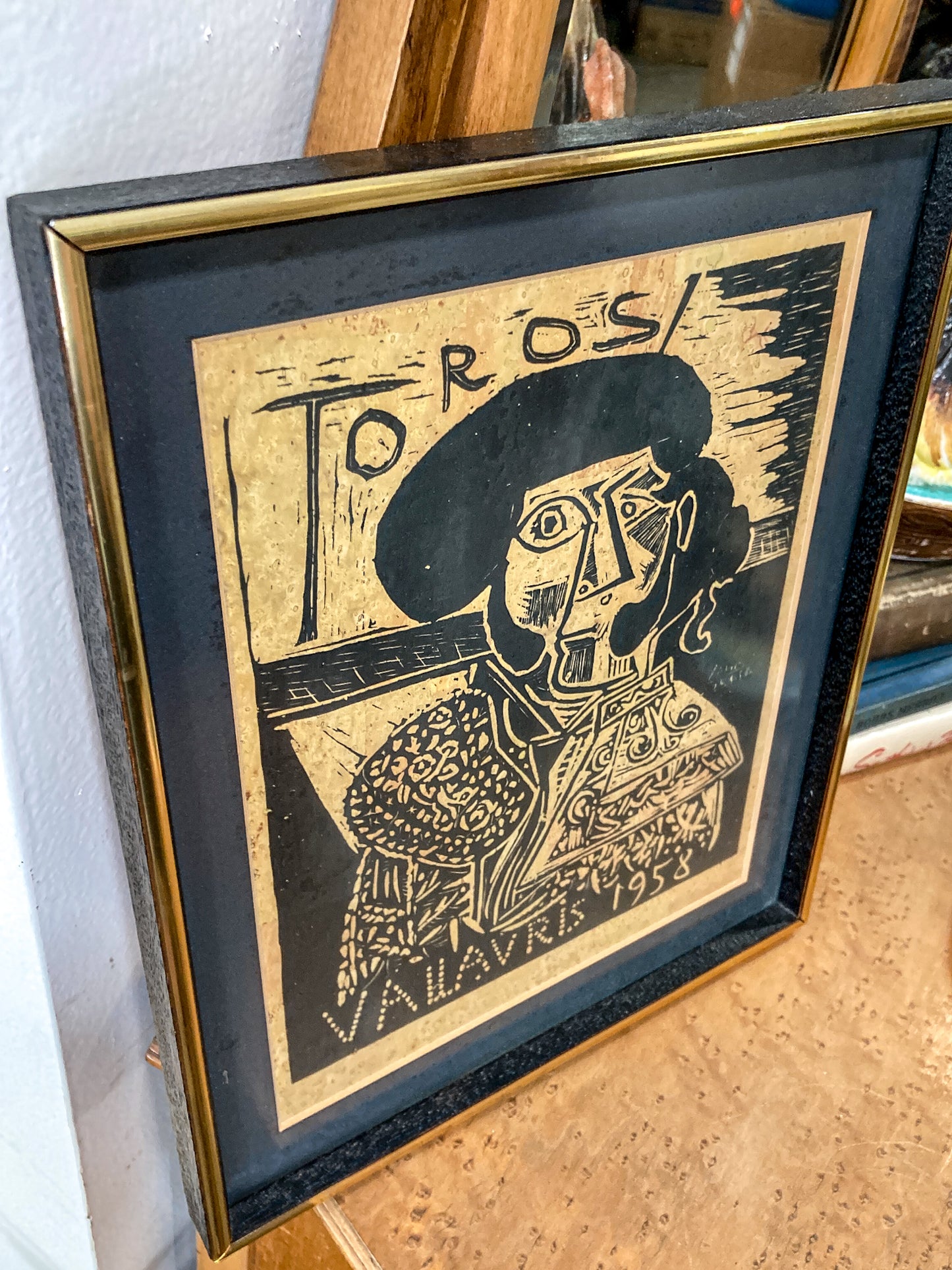 Vintage Pablo Picasso 1958 Toros Vallauris Framed Linocut Paper Print