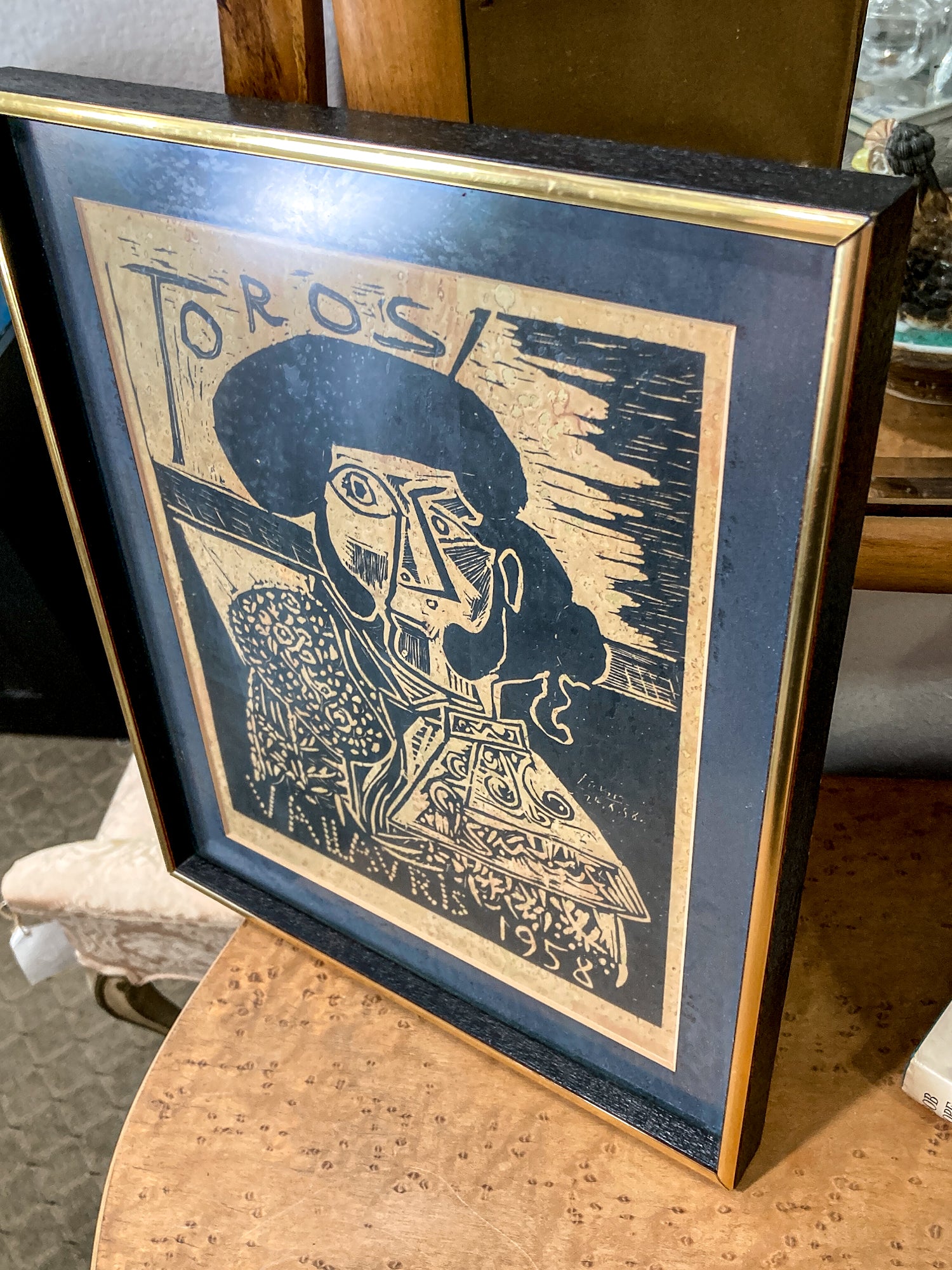 Vintage Pablo Picasso 1958 Toros Vallauris Framed Linocut Paper Print
