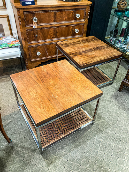 Vintage Pair 1970s MCM Drexel Chrome Rosewood Caned Square Side Coffee Tables