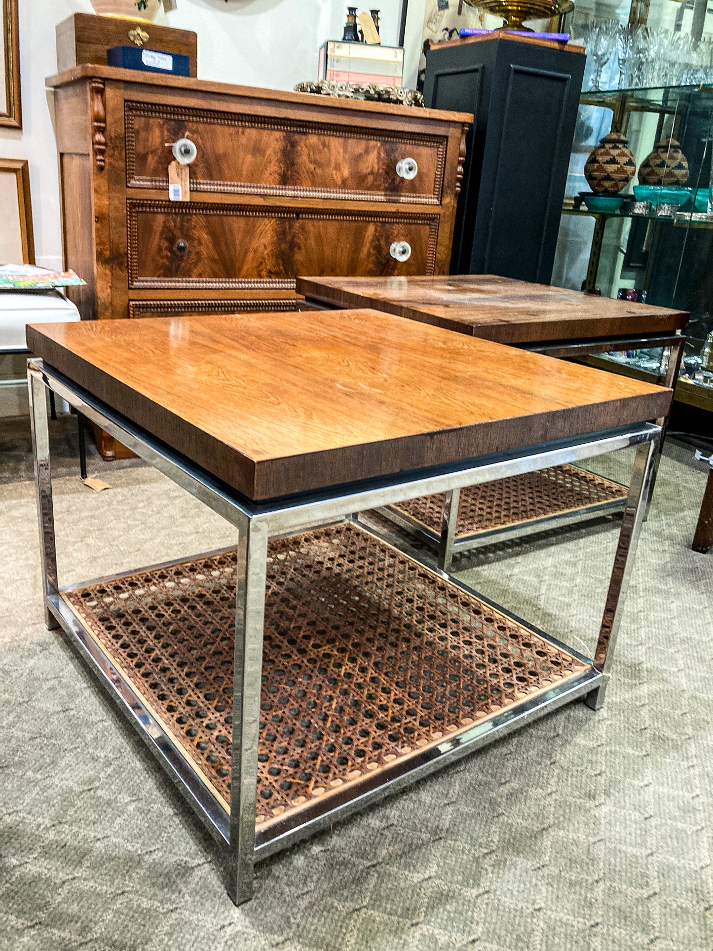 Vintage Pair 1970s MCM Drexel Chrome Rosewood Caned Square Side Coffee Tables