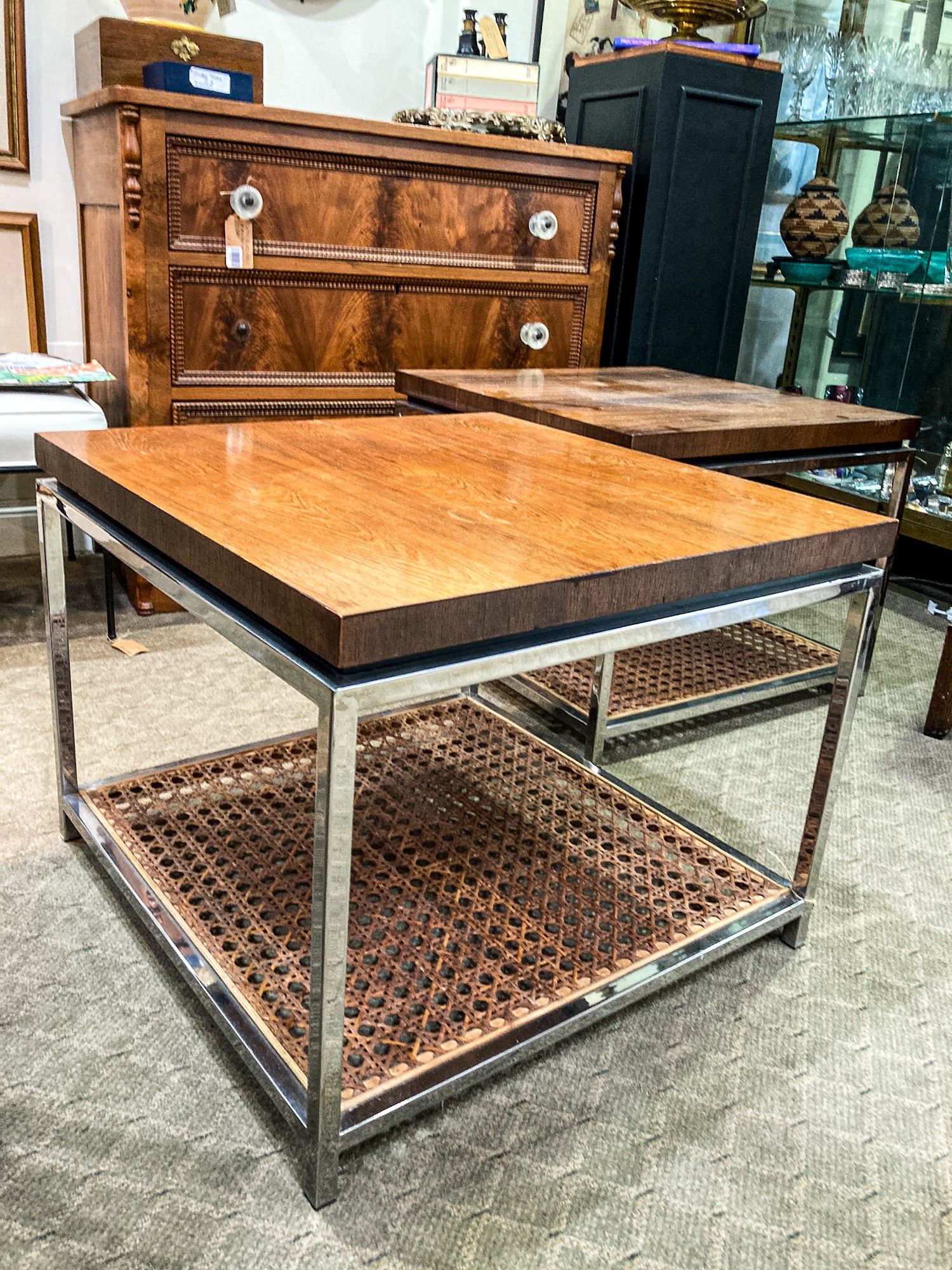 Vintage Pair 1970s MCM Drexel Chrome Rosewood Caned Square Side Coffee Tables