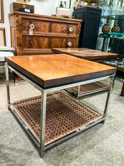 Vintage Pair 1970s MCM Drexel Chrome Rosewood Caned Square Side Coffee Tables