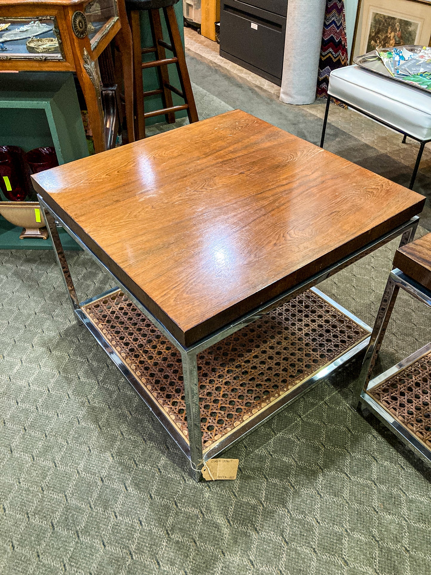 Vintage Pair 1970s MCM Drexel Chrome Rosewood Caned Square Side Coffee Tables