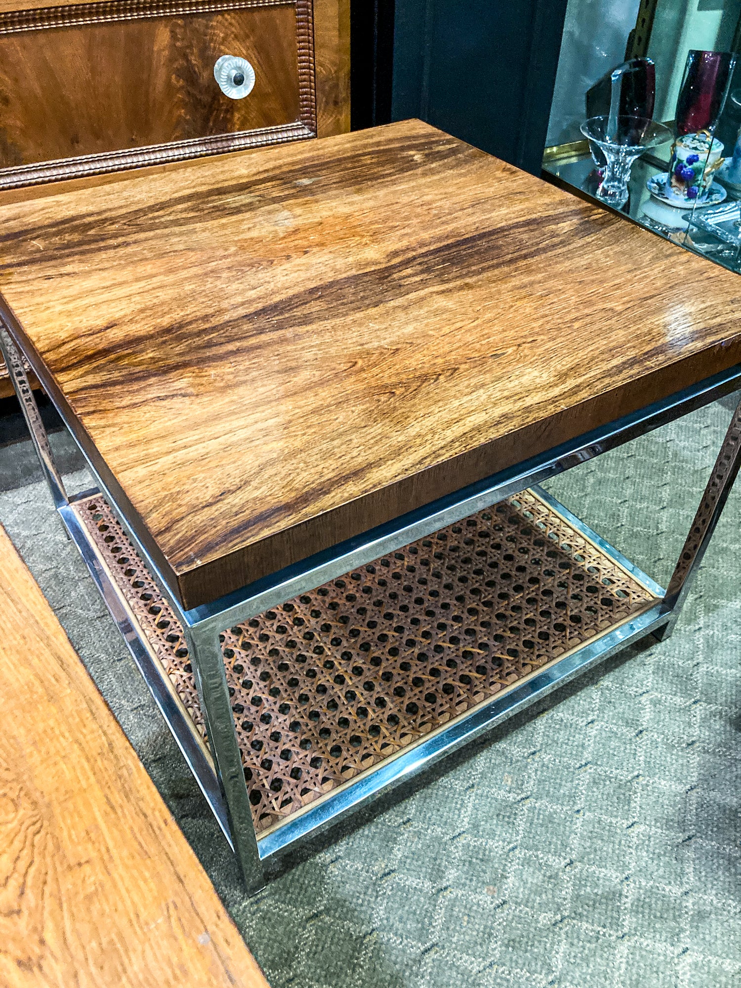 Vintage Pair 1970s MCM Drexel Chrome Rosewood Caned Square Side Coffee Tables