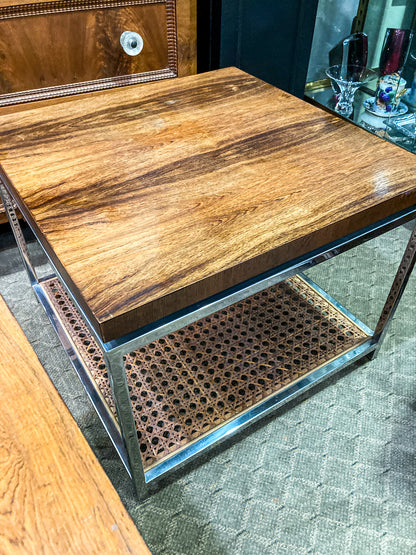 Vintage Pair 1970s MCM Drexel Chrome Rosewood Caned Square Side Coffee Tables