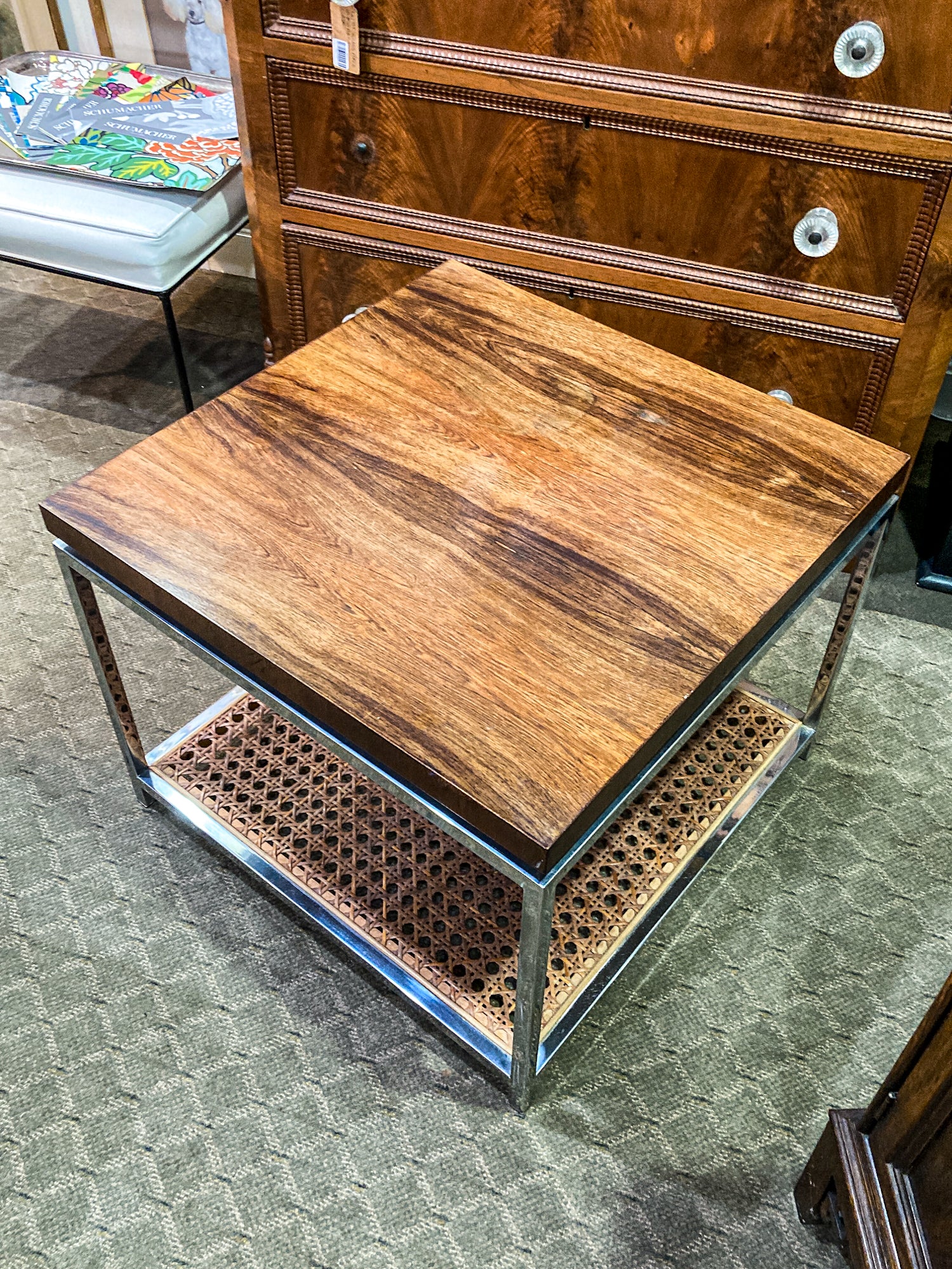 Vintage Pair 1970s MCM Drexel Chrome Rosewood Caned Square Side Coffee Tables