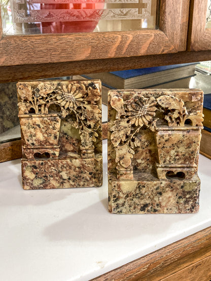 Pair Vintage Hand Carved Planter Pot Chinese Soapstone Bookends