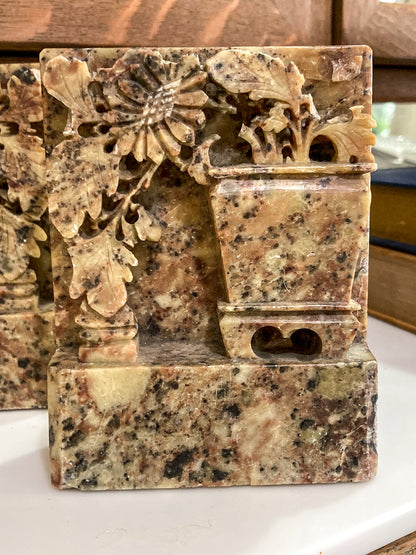 Pair Vintage Hand Carved Planter Pot Chinese Soapstone Bookends