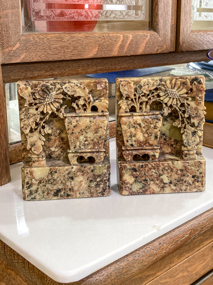 Pair Vintage Hand Carved Planter Pot Chinese Soapstone Bookends