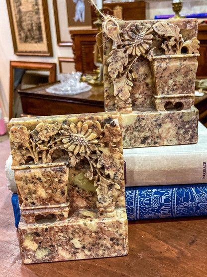 Pair Vintage Hand Carved Planter Pot Chinese Soapstone Bookends