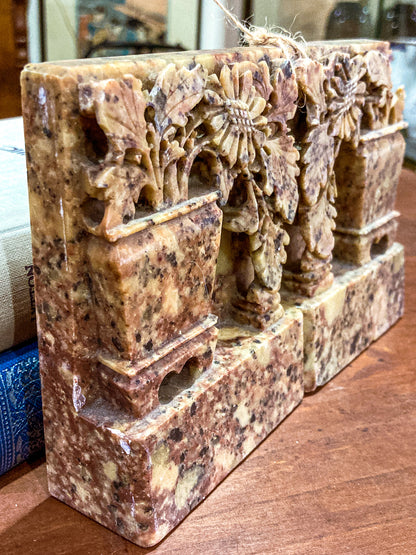 Pair Vintage Hand Carved Planter Pot Chinese Soapstone Bookends