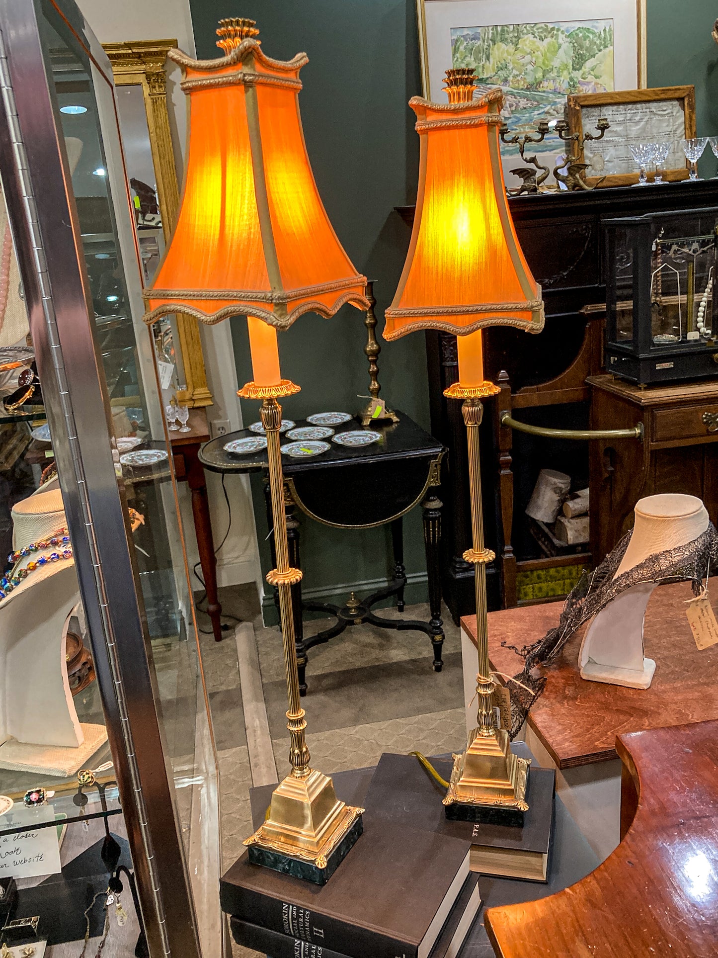 Pair Vintage Bill Cain Chelsea House Brass Marble Base Silk Shade Tall Table Lamps