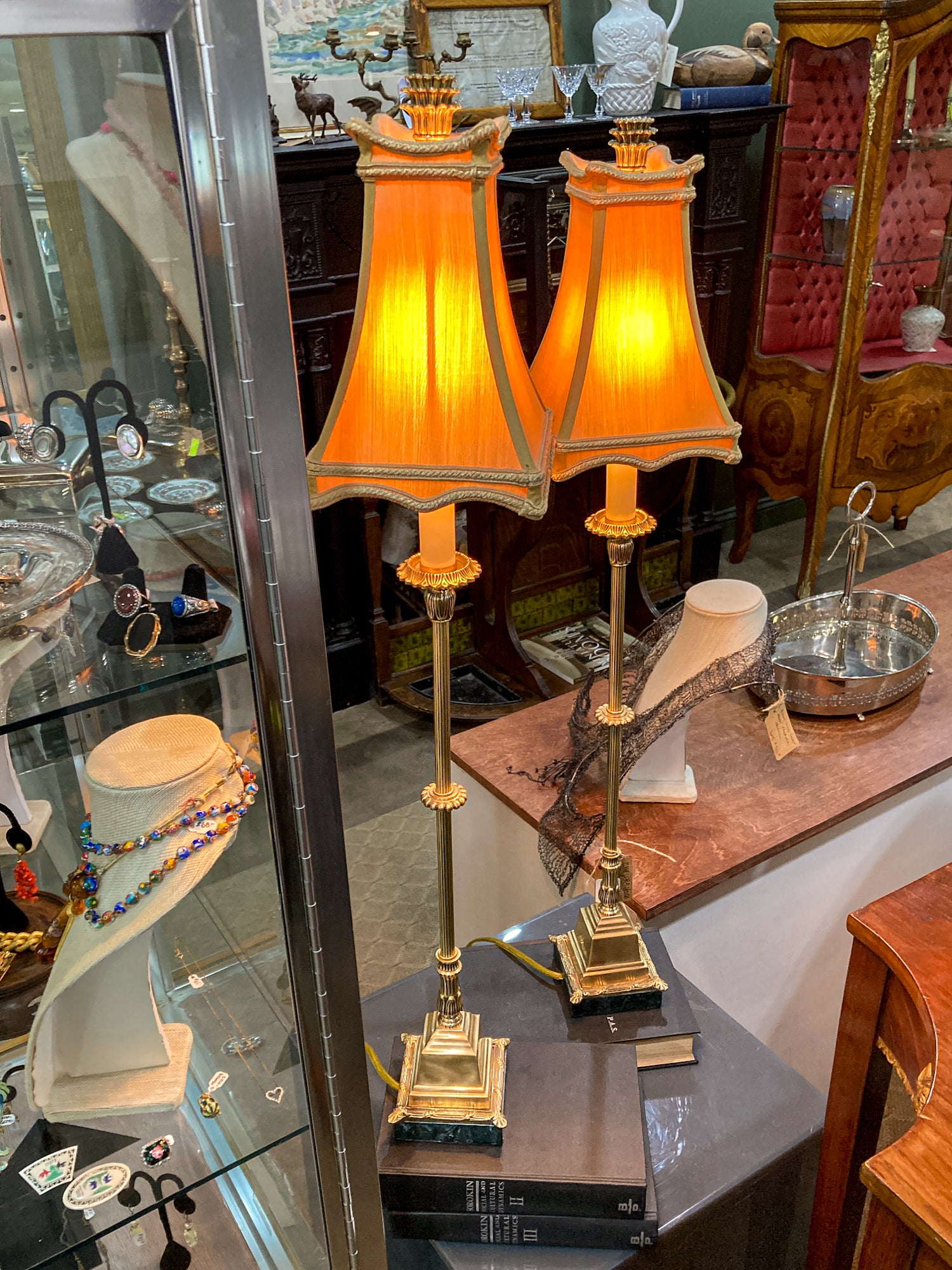 Pair Vintage Bill Cain Chelsea House Brass Marble Base Silk Shade Tall Table Lamps