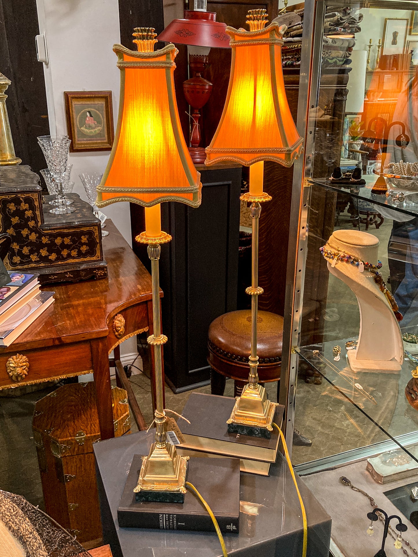 Pair Vintage Bill Cain Chelsea House Brass Marble Base Silk Shade Tall Table Lamps