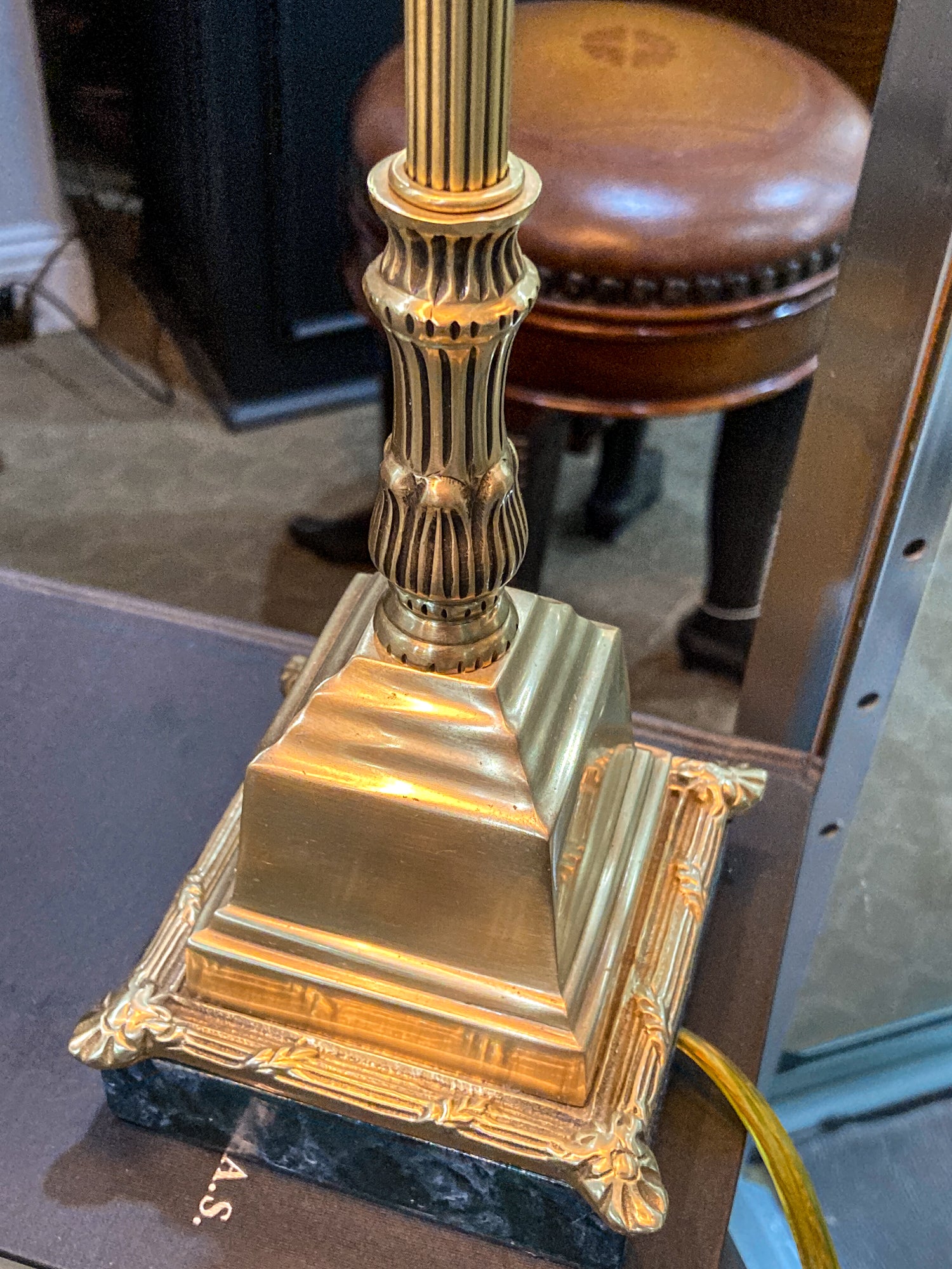Pair Vintage Bill Cain Chelsea House Brass Marble Base Silk Shade Tall Table Lamps