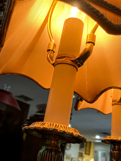 Pair Vintage Bill Cain Chelsea House Brass Marble Base Silk Shade Tall Table Lamps
