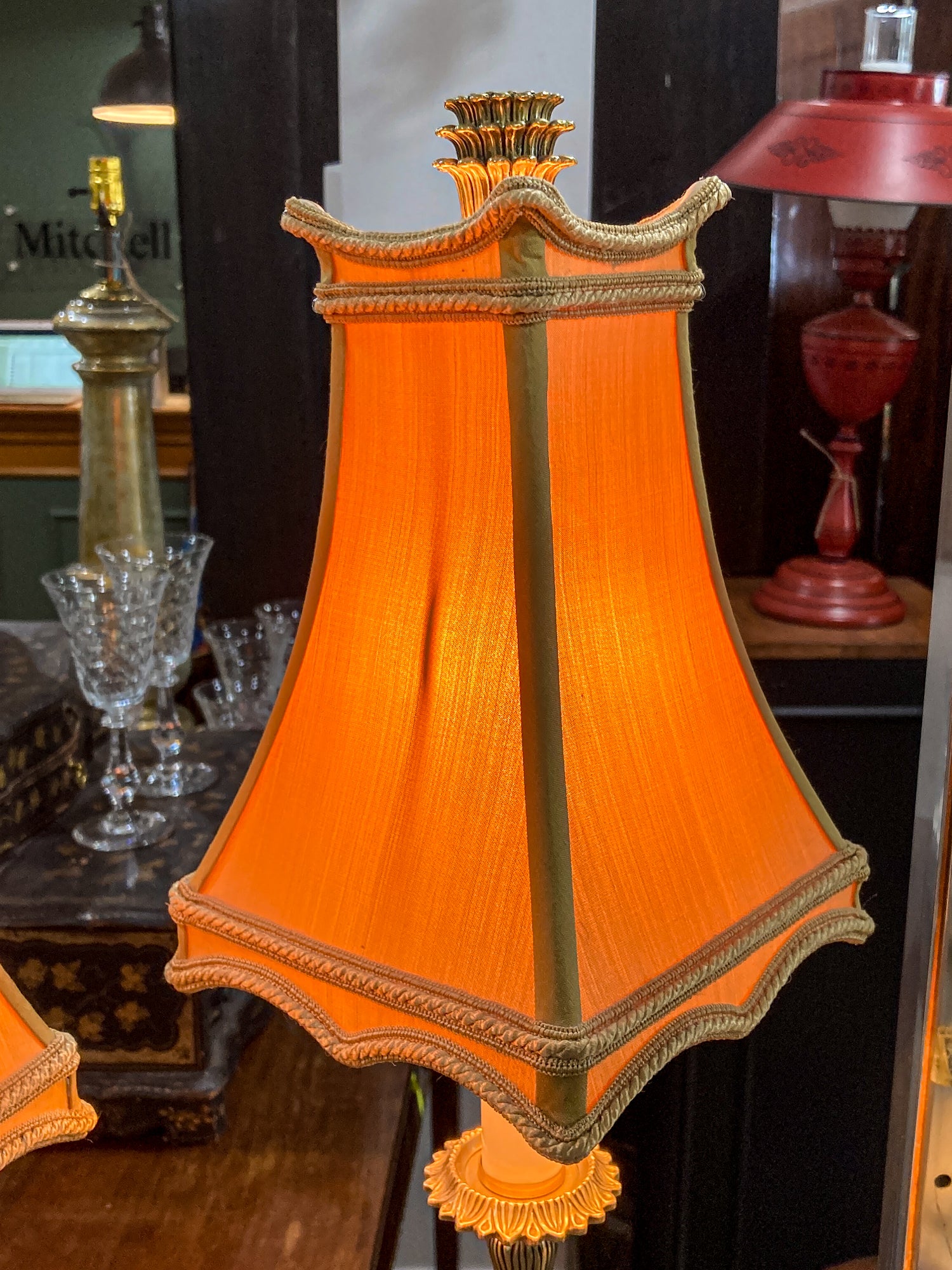 Pair Vintage Bill Cain Chelsea House Brass Marble Base Silk Shade Tall Table Lamps
