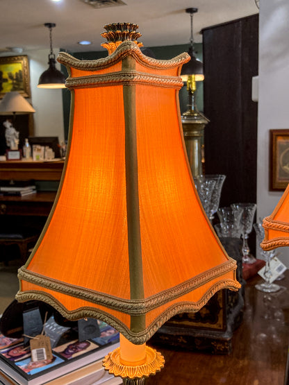 Pair Vintage Bill Cain Chelsea House Brass Marble Base Silk Shade Tall Table Lamps