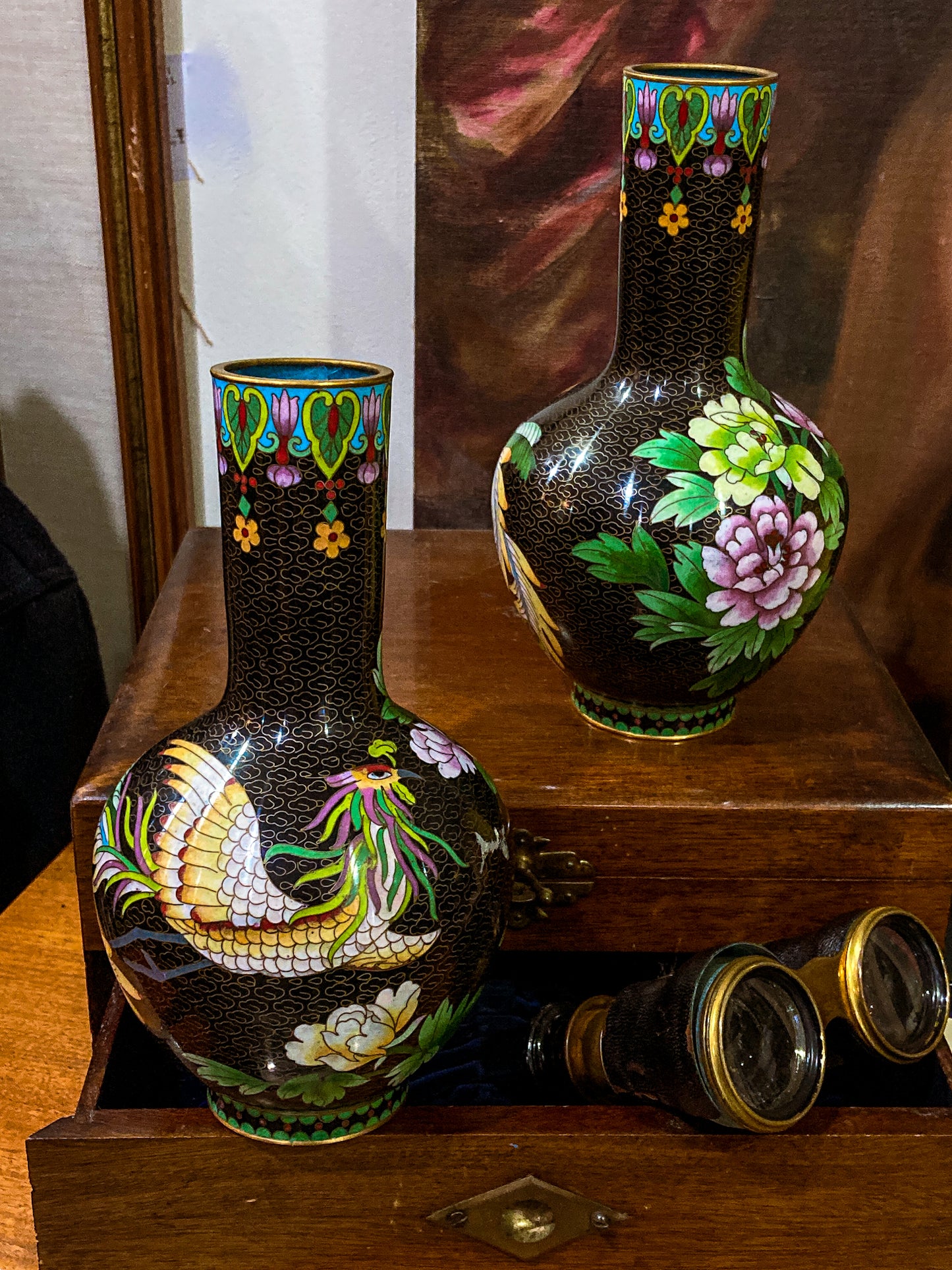 Vintage Pair Enameled Brass Black Floral Phoenix Chinese Cloisonné Vases