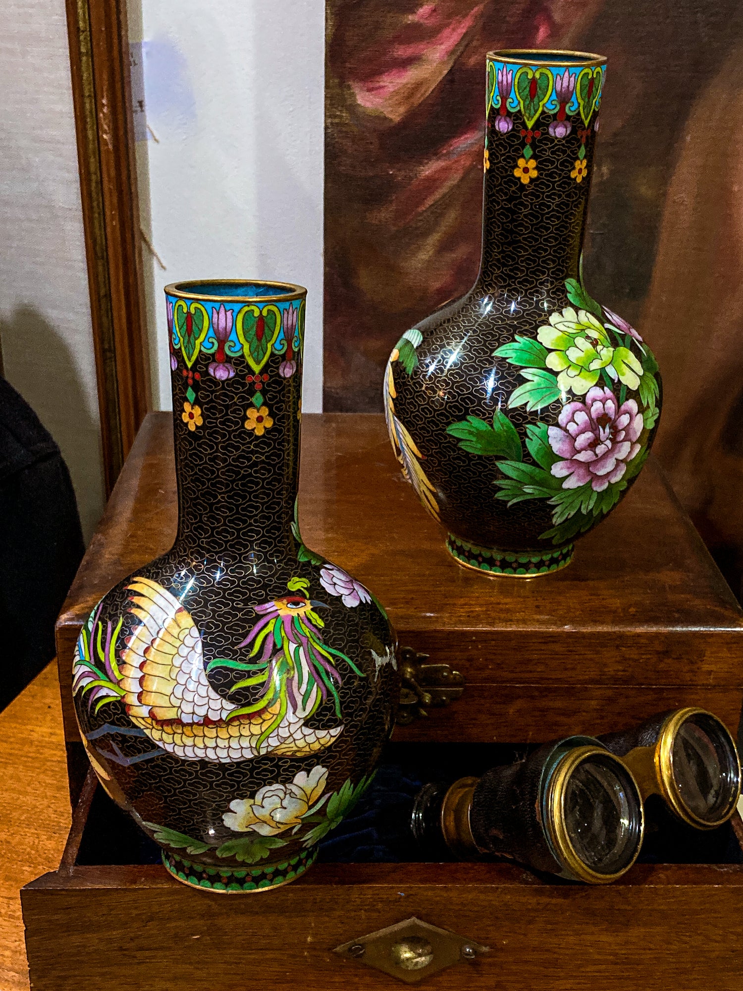 Vintage Pair Enameled Brass Black Floral Phoenix Chinese Cloisonné Vases