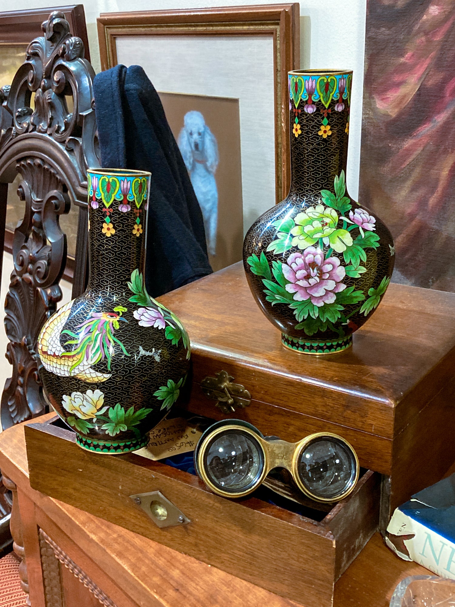Vintage Pair Enameled Brass Black Floral Phoenix Chinese Cloisonné Vases